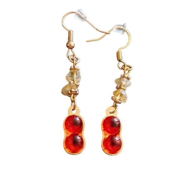 Red and Gold Peanut Stone Dangle Earrings - Picture 1 of 6